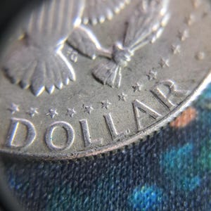 May include: Close-up of a silver dollar coin. The coin features an eagle with outstretched wings and the word "DOLLAR" prominently displayed. The coin's surface shows signs of wear, with visible details of the design.