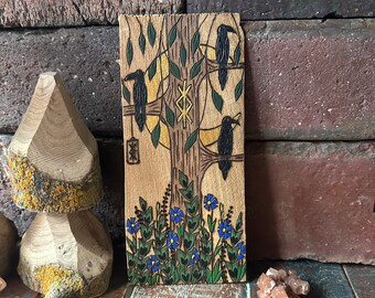 Crow Art - Magical Art - Woodland - Moon - Crescent Moon - Protection - Raven - Mystical - Crows - Wood Burning - Witchy Art - Witch