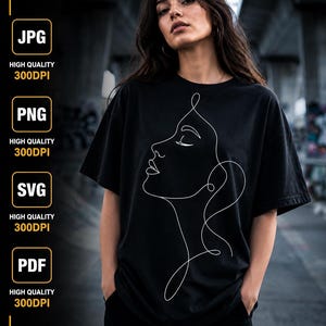 Könnte beinhalten: Schwarzes T-Shirt mit einer weißen Strichzeichnung eines Frauenprofils. Das Bild ist in den Formaten JPG, PNG, SVG und PDF verfügbar, alle in hoher Qualität mit 300 DPI.