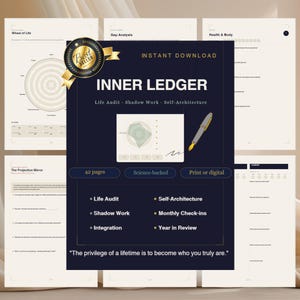 Könnte beinhalten: Ein digitaler Planer namens Inner Ledger mit dunkelblauem Einband, goldenem Text, einem Best-Seller-Abzeichen und einer Stiftgrafik. Der Planer umfasst 42 Seiten mit Abschnitten für Life Audit, Shadow Work und Self-Architecture.