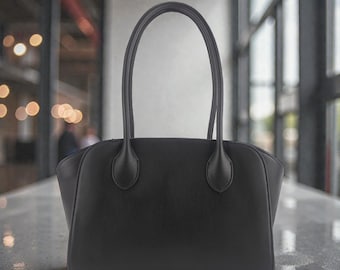 Black Leather Tote Bag, Large Top Handle Purse, Minimal Everyday Handbag