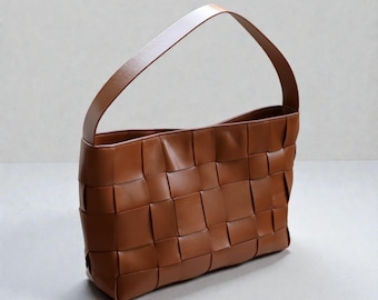 Woven Leather Tote | Cowhide Hand-Woven Top Handle Bag | Women’s Leather Shoulder Purse