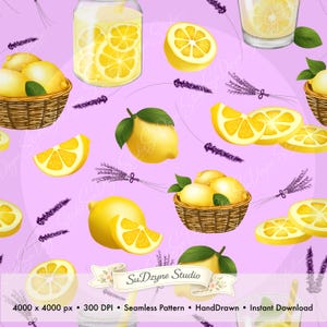 Op de afbeelding: Naadloos patroon met hele en gesneden citroenen en lavendeltakken op een lichtpaarse achtergrond. Rieten manden bevatten hele citroenen. Een glazen pot en een glas limonade zijn ook aanwezig. De tekst "SuDzyne Studio" staat op een banner.