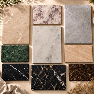 Könnte beinhalten: Eine Sammlung von neun rechteckigen Steinplatten mit verschiedenen natürlichen Mustern und Farben, darunter beige, weiße, graue, dunkelgrüne, schwarz-weiß geaderte, schwarz-gold geaderte und braune Marmorstrukturen in einem Raster.