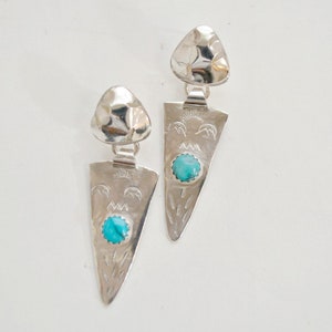 Southwest style turquoise and sterling silver earrings. hand stamped and made.  &quot;Sedona&quot;