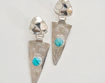 Southwest style turquoise and sterling silver earrings. hand stamped and made.  "Sedona"