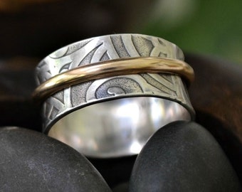 Patterned sterling silver and 14K gold filled spinner ring.  Worry ring.