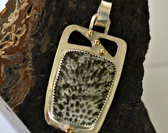 Moroccan coral stone pendant in sterling silver and solid 14K gold accents.