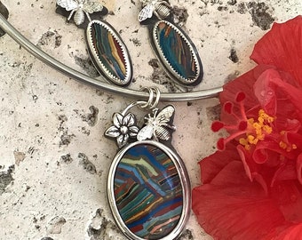 Rainbow calsilica pendant and earrings set in sterling silver