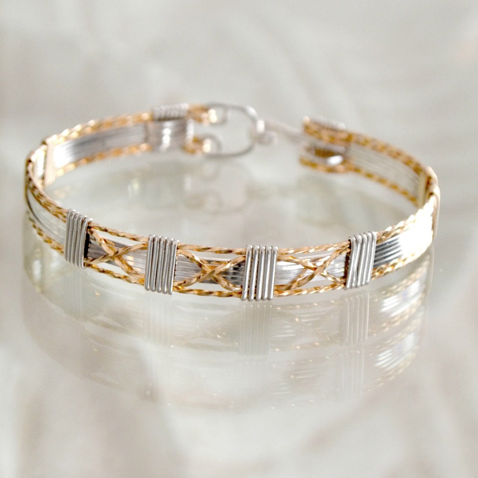 Bangle Bracelet. Sterling Silver and 14K Gold Filled Wire Wrapped three ...