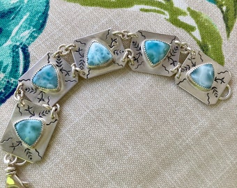 Larimar handmade multi link sterling silver bracelet.  “Oceans”