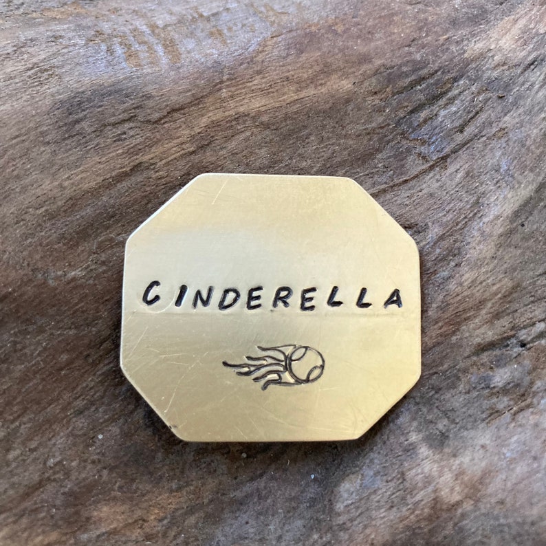 May include: A gold-colored metal tag with the word "CINDERELLA" engraved on it. A small image of a shooting star is below the word.
