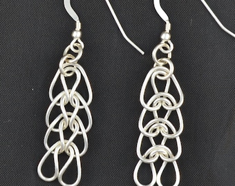 Sterling Silver heart chain earrings  Fine Silver.  handmade  Woven Hearts