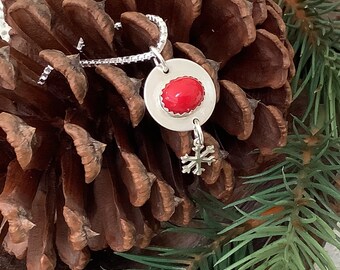 Red coral sterling pendant with snowflake