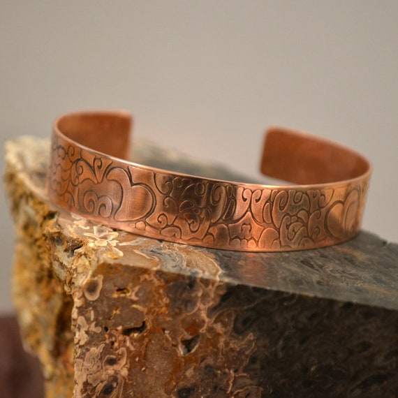 Solid Copper Cuff Bracelet Embossed With Unique Heart Pattern. - Etsy