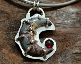 Dendritic moon and garnet pendant in sterling silver