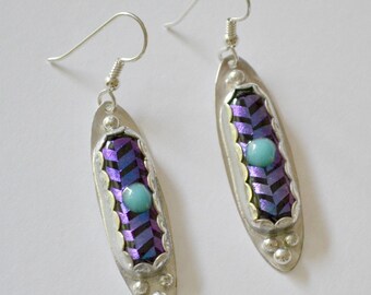 Sterling silver bezel set dichroic glass earrings.  "blue moon" handmade