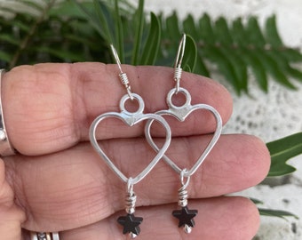Sterling silver heart earrings with stars.  Open Heart