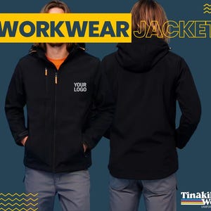May include: Black workwear jacket with a hood and orange zipper accents. The jacket has a front pocket on each side and the text "YOUR LOGO" is printed on the chest. The words "WORKWEAR JACKET" are displayed in yellow.