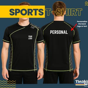 May include: Black sports t-shirt with neon green trim and a patterned side panel. The front of the shirt has the text "YOUR LOGO" and the back says "PERSONAL". The shirt is designed for personalization.