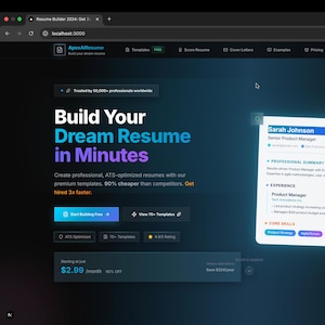 Puede incluir: Interfaz de sitio web para ApexResume, un creador de currículums. La página muestra el texto "Build Your Dream Resume in Minutes" y un currículum de muestra para Sarah Johnson, Senior Product Manager. El sitio ofrece plantillas y afirma ser más barato que la competencia.