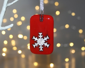 Red fused glass & silver foil snowflake - handmade Christmas decoration, silver snowflake, red glass Christmas ornament, Christmas snowflake