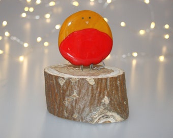 Fused glass robin ornament on wooden log base - medium