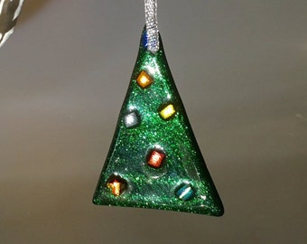 Handmade fused glass Christmas tree ornament with dichroic glass detail