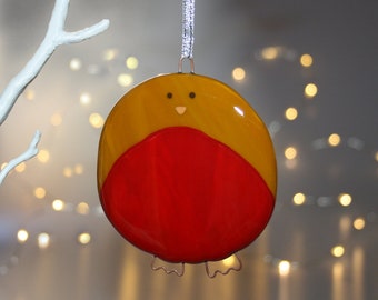 Fused glass large robin Christmas decoration - handmade, large robin decoration, fused glass robin ornament, fat robin