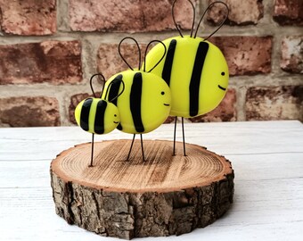 Fused Glass Bumblebee Ornament 'Family of 3' Mounted on Wooden Log Base - Set of 3 Bumblebees