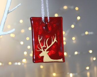 Fused glass stag ornament, hand painted fused glass stag Christmas ornament on transparent red glass tile