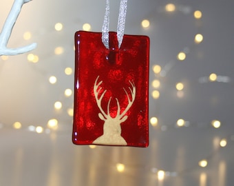 Red & gold hand painted fused glass stag Christmas ornament - front view