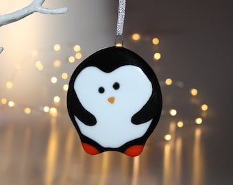 Large handmade fused glass penguin Christmas ornament