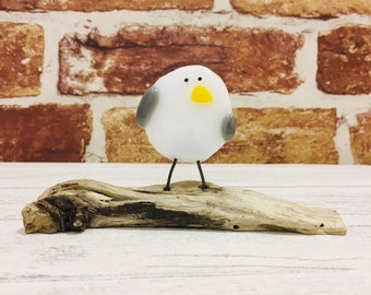 Fused Glass Baby Seagull Ornament Mounted on Driftwood