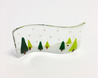 Curved fused glass picture, winter woodland fused glass art, fused glass trees, curved glass, fused glass wave, window sill art, winter tree