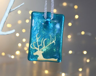 Blue & gold hand painted fused glass stag Christmas ornament - side view