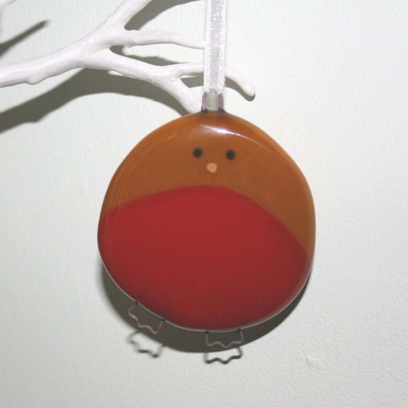 Fused Glass Robin Christmas Decoration Handmade, Medium Robin