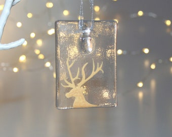 Gold & clear hand painted fused glass stag Christmas ornament - side view