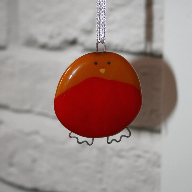 Fused glass robin Christmas decoration handmade, medium robin decoration, fused glass robin ornament, little glass robin image 5