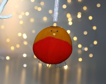 Fused glass robin Christmas decoration - handmade, medium robin decoration, fused glass robin ornament, little glass robin