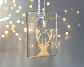 Gold & clear hand painted fused glass stag Christmas ornament - front view