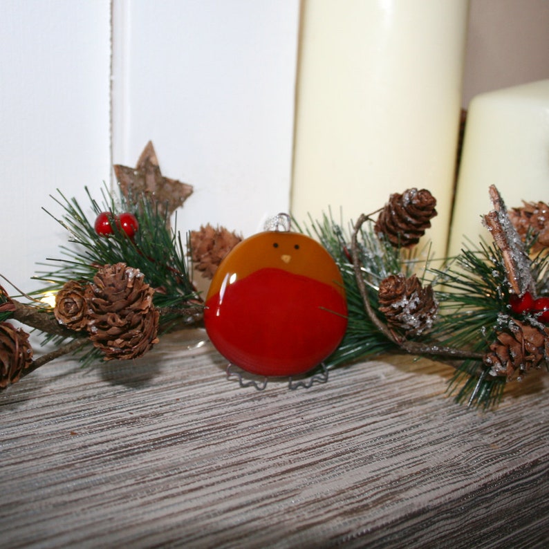 Fused Glass Robin Christmas Decoration Handmade, Medium Robin