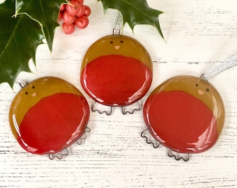 Set of 3 Fused Glass Robin Decorations in Gift Box - Medium Size