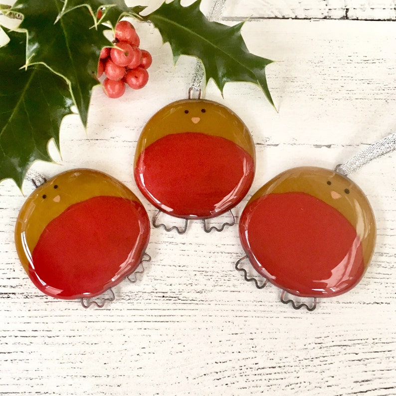 Set of 3 Fused Glass Robin Decorations in Gift Box Medium Size image 1