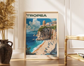 Póster de viaje de Tropea, Italia / Obra de arte costera vintage / Decoración europea retro