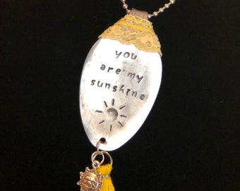 You are my Sunshine Hand Stamped Spoon Necklace with Tassel and Charm