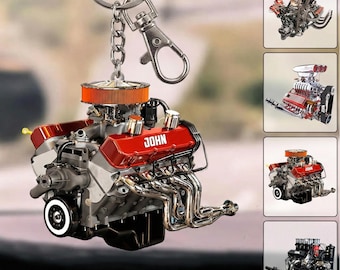 Personalized V8 Engine Keychain, Hot Rod Acrylic Car Keyring