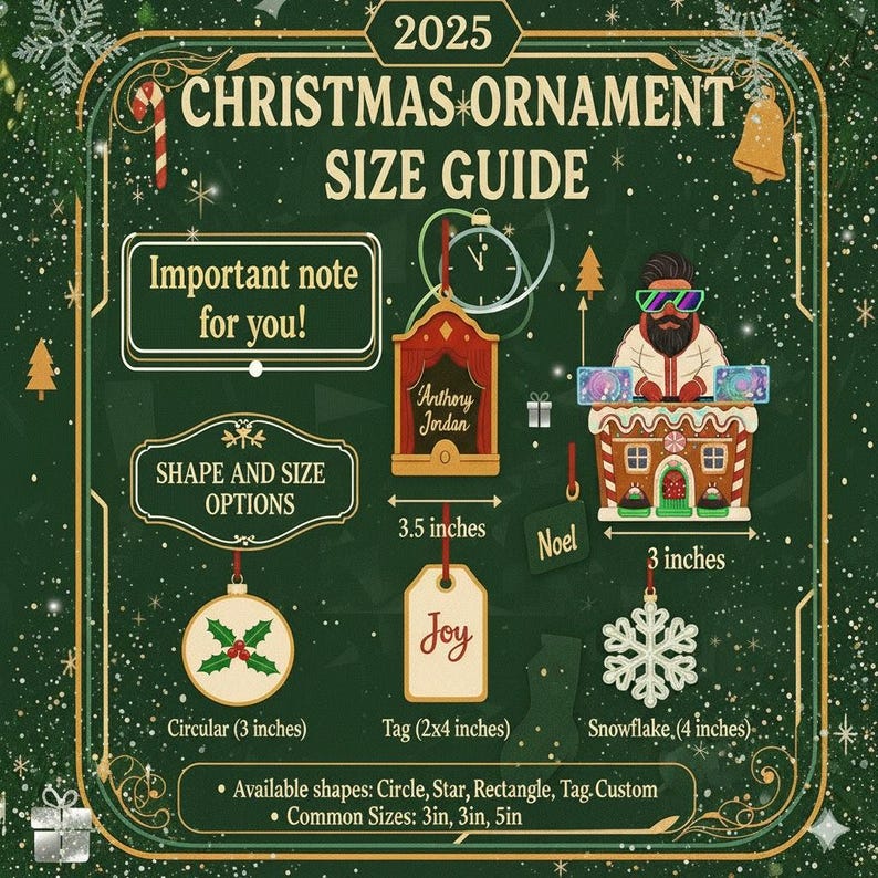 Pode incluir: Um guia de tamanhos de enfeites de Natal de 2025, com v&aacute;rias formas e tamanhos. Inclui um enfeite circular (7,6 cm), uma etiqueta (5,1 x 10,2 cm) e um floco de neve (10,2 cm). Formas dispon&iacute;veis: C&iacute;rculo, Estrela, Ret&acirc;ngulo, Etiqueta, Personalizado. Tamanhos comuns: 7,6 cm, 7,6 cm, 12,7 cm.