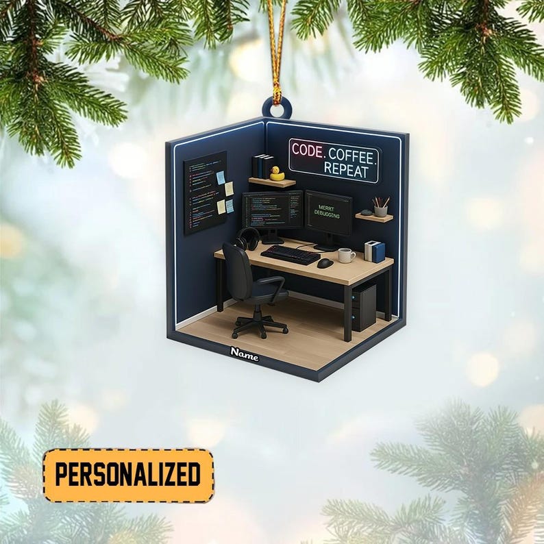 Pode incluir: Um enfeite de Natal personalizado em forma de escrit&oacute;rio em miniatura. O enfeite apresenta uma mesa com dois monitores de computador, um teclado e uma caneca de caf&eacute;. O texto "CODE, COFFEE, REPEAT" &eacute; exibido acima da mesa. A palavra "PERSONALIZADO" tamb&eacute;m &eacute; exibida.