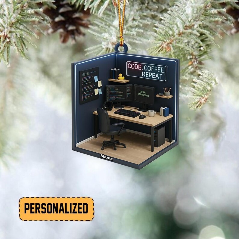 Pode incluir: Um enfeite decorativo em forma de espa&ccedil;o de trabalho de um programador. O enfeite apresenta uma mesa com dois monitores, um teclado e uma caneca de caf&eacute;. O texto "CODE. COFFEE. REPEAT" &eacute; exibido. O enfeite &eacute; personalizado com a palavra "Name" e a palavra "PERSONALIZED".